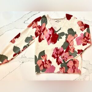 LOFT V-Neck Sweater with Floral Design - Red, Pink, Green